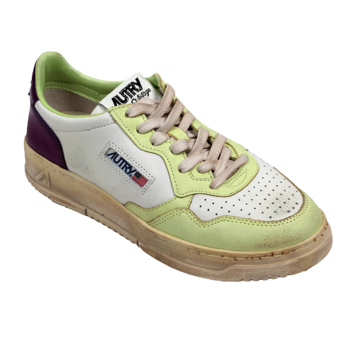 Autry Scarpe Sneakers Street Vintage Low in Pelle Bianca Limone e Purple 